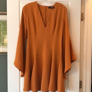 DO+BE mustard fit and flare dress w/ bell sleeves